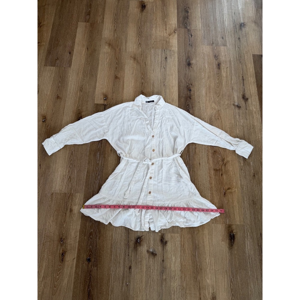 Zara Shirt Dress Womens Medium Cream Linen Blend Ruffle Hem Belted Excellent - Picture 6 of 9